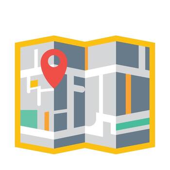 a map with a pin on it and a building vector