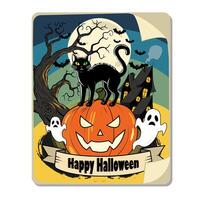 negro gato en pie en tallado calabaza con fantasmas, obsesionado casa, murciélagos, lleno Luna y escalofriante árbol. dibujos animados ilustración con contento Víspera de Todos los Santos texto. Víspera de Todos los Santos celebracion. diseño para tarjeta postal, bandera vector