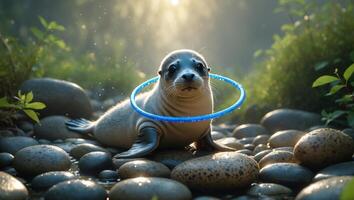 Playful seal with a glowing blue ring resting on smooth stones in a serene, sunlit environment photo