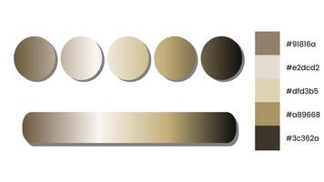 A sophisticated digital color palette featuring five gradient circles and a long gradient bar, showcasing warm earthy tones with corresponding hex codes. vector