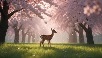 A serene scene of a fawn standing in a blooming cherry blossom grove with soft sunlight filtering through photo