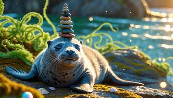 Seal balancing stones on its head by a tranquil seaside, surrounded by vibrant marine life photo