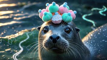 Seal wearing a colorful crown of soft toys, basking by the water's edge during sunset photo