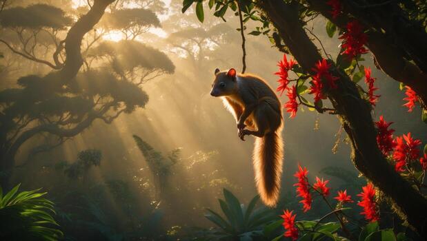 A vibrant scene of a squirrel hanging from a tree branch in a lush forest with sunlight filtering through photo