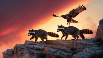 Two raccoons exploring rocky terrain at sunset, with a hawk soaring in the vibrant sky above photo