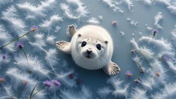 Adorable baby seal resting on soft snow with delicate flowers in the background, evoking tranquility photo