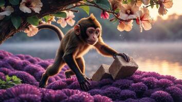 Playful monkey interacting with bricks amidst vibrant flowers by a serene lake at sunset photo