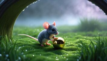A small mouse holding a golden egg in a lush green field, with soft light and mist in the background photo