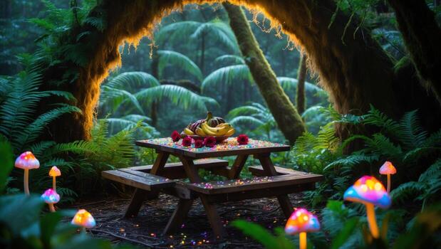 Enchanted picnic setup in a lush forest with vibrant mushrooms and soft lighting, creating a magical atmosphere photo