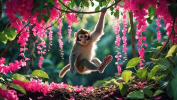 Playful monkey swinging from a branch surrounded by vibrant pink flowers in a lush tropical setting photo