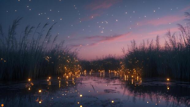 Serene twilight over a tranquil wetland, with glowing fireflies illuminating the water's surface photo