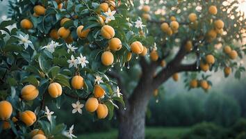 Lush apricot tree laden with ripe fruit and delicate blossoms, glistening after rain in a serene orchard photo