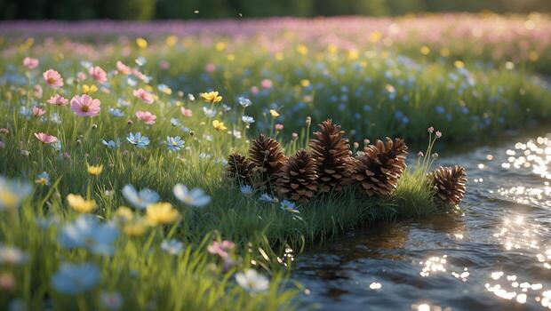 Serene riverside scene featuring colorful wildflowers and pinecones along a gentle stream photo