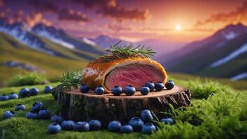 A beautifully plated roast beef with rosemary and blueberries on a wooden board in a serene mountain sunset photo