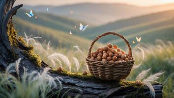 A serene landscape featuring a woven basket filled with eggs, surrounded by lush greenery and butterflies photo