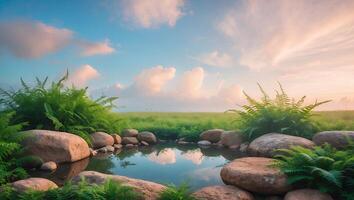 Serene landscape featuring a tranquil pond surrounded by lush ferns and smooth stones under a vibrant sky photo