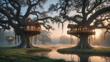 Enchanting sunrise over tranquil treehouses nestled in ancient trees by a misty riverbank photo