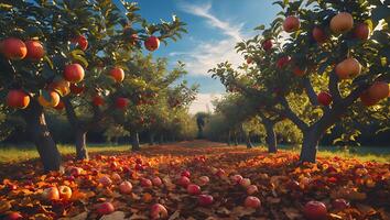 Serene apple orchard in autumn with ripe fruit hanging on trees and fallen leaves covering the ground photo