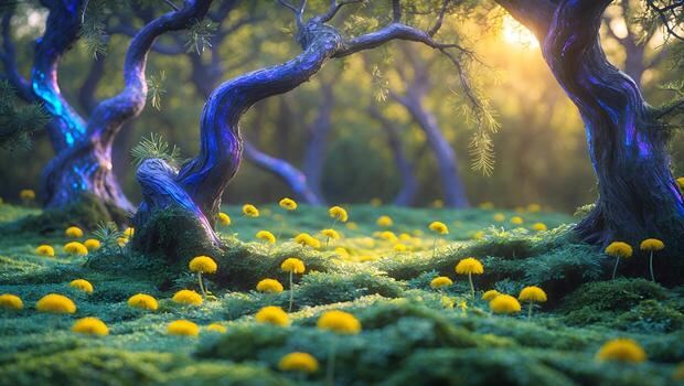 Enchanted forest with twisted trees and vibrant yellow flowers under soft sunlight, evoking tranquility photo