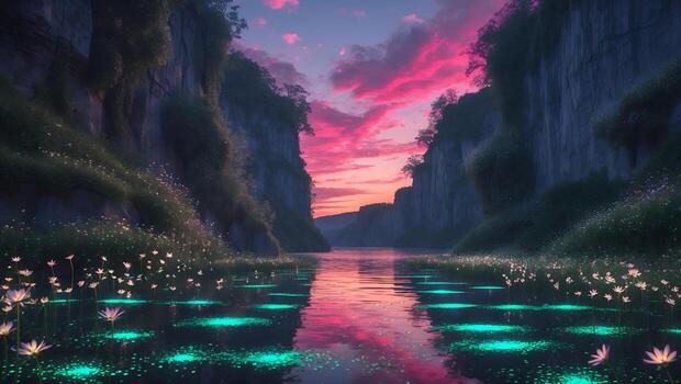 Serene twilight over a tranquil river surrounded by cliffs and blooming flowers reflecting vibrant colors photo