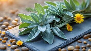 Fresh herbs and vibrant flowers arranged on a slate surface with pebbles, creating a calming atmosphere photo
