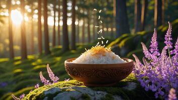 A bowl of rice garnished with golden strands, surrounded by vibrant flowers in a serene forest setting photo