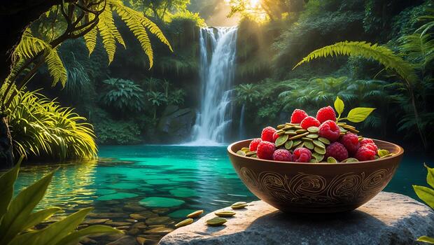 Vibrant bowl of fresh raspberries and seeds placed near a serene waterfall in a lush jungle setting photo