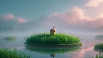 A serene landscape featuring a solitary acorn on a grassy island surrounded by misty waters at dawn photo