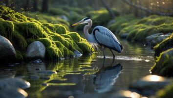 A graceful heron wading through a serene stream surrounded by lush green moss and stones at sunset photo
