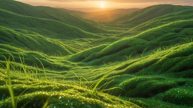 Lush green rolling hills at sunset, with glistening dew on grass and a serene sky in the background photo