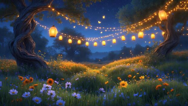 Enchanted evening in a flower-filled meadow with glowing lanterns and a starry sky backdrop photo
