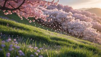 Serene cherry blossom landscape with pink petals falling over lush green grass and purple flowers photo