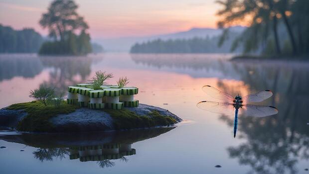Serene twilight scene featuring a dragonfly near a moss-covered rock on a tranquil lake photo