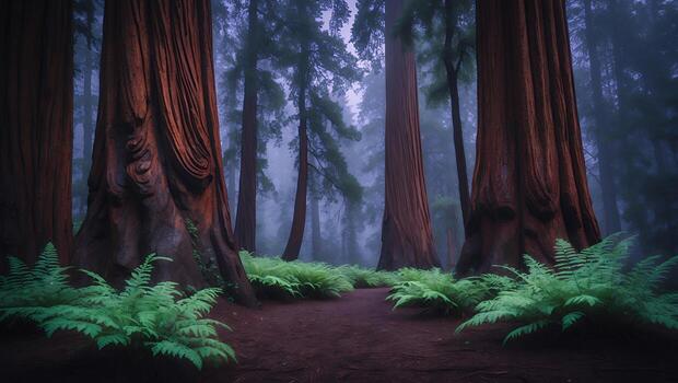 Serene Redwood Forest with Lush Ferns and Misty Atmosphere, Inviting Nature Walk Experience photo