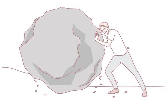 A man pushing a large boulder symbolizes the challenges of perseverance and determination vector