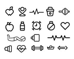Modern line icons set for health and fitness, including dumbbell, yoga, apple, heart rate, doctor, running, gym equipment, healthy food. vector