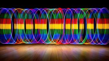 Dynamic Rainbow Light Trails dancing over Wooden Floor. photo