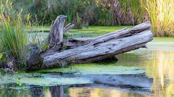 Weathered Log Resting in a Serene Swamp with Algae Bloom. photo