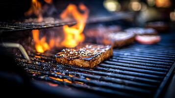 Sizzling Steak Grilling Over Fiery Flames with Close Up Detail. photo