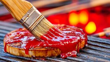 Appetizing Steak Glazed With Red Sauce on a Hot Grill. photo