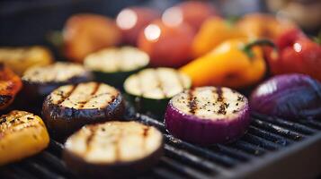 Sizzling Grilled Vegetables with Delicious Char Marks on the Grill. photo