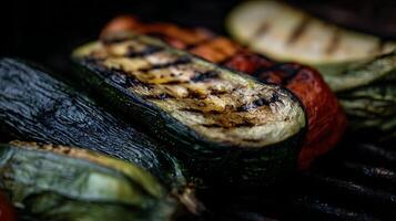 Delicious Grilled Zucchini and Pepper Slices on a Hot Barbecue Grill. photo