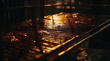 Close up of a warm glowing barbecue grill with food. photo