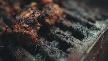 Close up of juicy grilled meat with a smoky char on the grill. photo