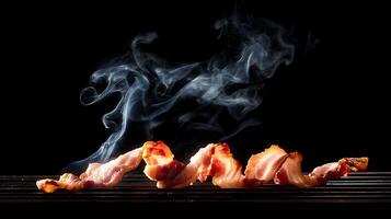Sizzling Bacon Strips Cooking on Grill with Wisps of Smoke. photo