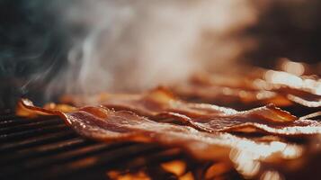 Sizzling Bacon on the Grill with Golden Bokeh Lights. photo