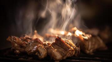 Sizzling Ribs Steaming Hot on the Grill with a Delicious Glaze. photo