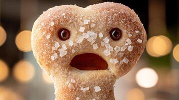 A Salty Pretzel Character with a Surprised Expression and Warm Bokeh Background. photo