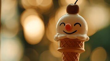 Happy Ice Cream Character with Cherry on Top and Soft Bokeh Background. photo