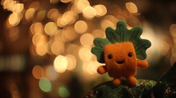 Adorable plush carrot character with a festive bokeh background. photo